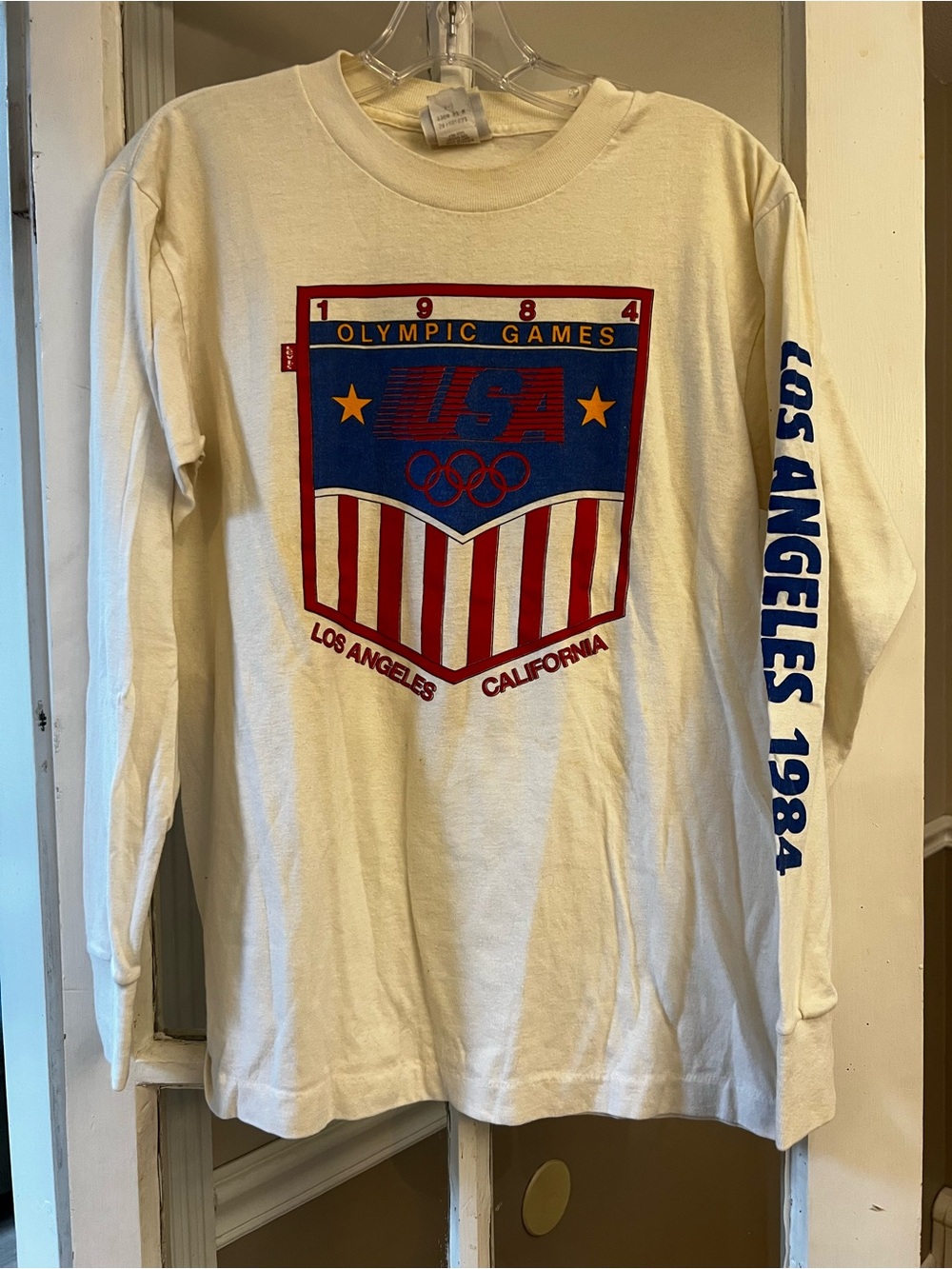 1984 Los Angeles Olympic Games USA Long Sleeve Tee - White with Red & Blue
